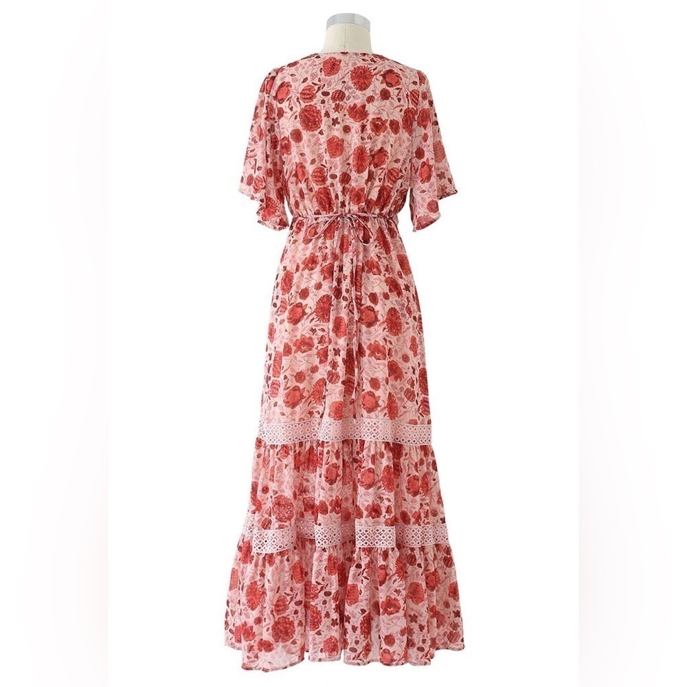 Small cottagecore boho tier ROTES GEHÄKELTES CHIFFON-KLEID MIT BLUMENMUSTER - Picture 2 of 11